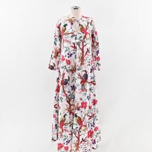GUADALUPE DESIGN Maxi Dress Size S Cotton Tie Neck Bird Floral Print‎ Relaxed